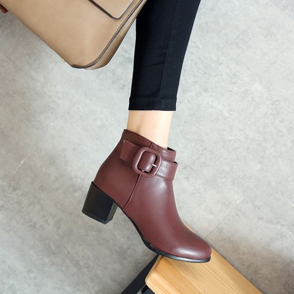 

oversized ma'am coarse heel short boots pure color little round head boot barrel high heel boots, Black