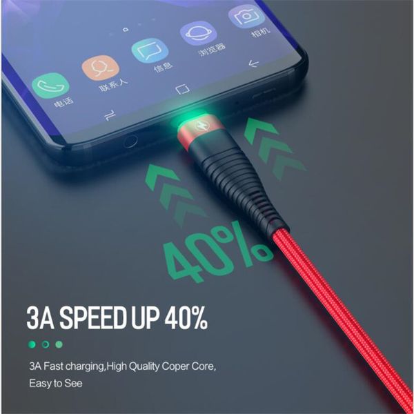 

3a fast charging cable micro usb type c led lighting 1m 0.5m tough nylon braided wire for samsung huawei xiaomi android phone
