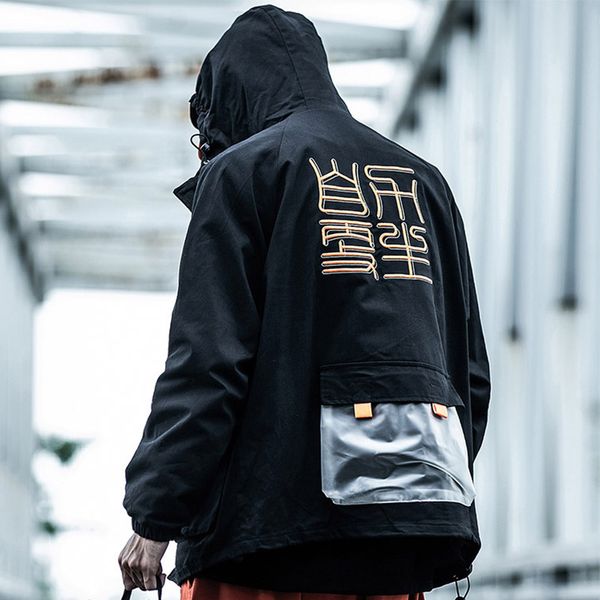 

buckle pockets ribbon color block patchwork hooded windbreaker jackets 2019 autumn hip hop zip up track jacket coat streetwear, Black;brown