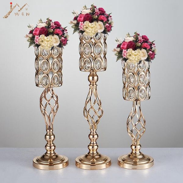 

metal golden candle holders hollow crystal wedding table candelabra centerpiece flower rack road lead for home decor