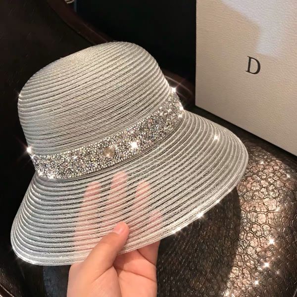 

japanese summer mesh flash diamond fisherman sun sunshade basin beach sun straw hat foldable beach fisherman hat, Blue;gray