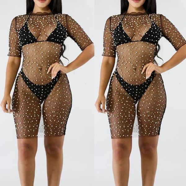 

new style women cover-ups perspective sequin transparent summer swimming wear bathing hollow out see through fashion 2020