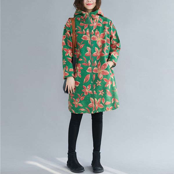 

johnature women vintage green floral hooded parkas 2019 winter new long sleeve zipper loose women fleece warm parkas coats, Black