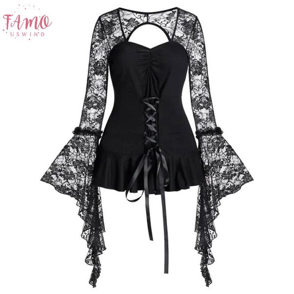 

womens clothing bandage blouse women cotton women vintage long sleeved flare sleeve waist bandage lace stitching 4, White