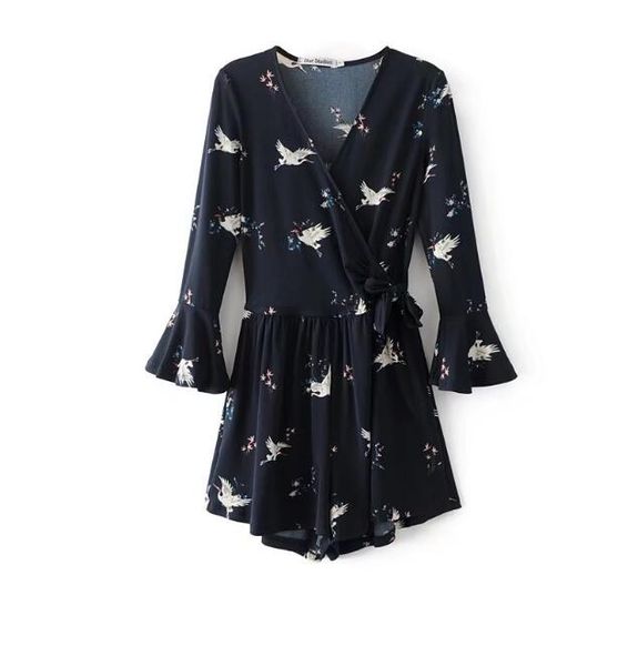 

chiffon floral print bell sleeve retro chic one-piece jumpsuit rompers skirt shorts pantskirt culottes, Black;white
