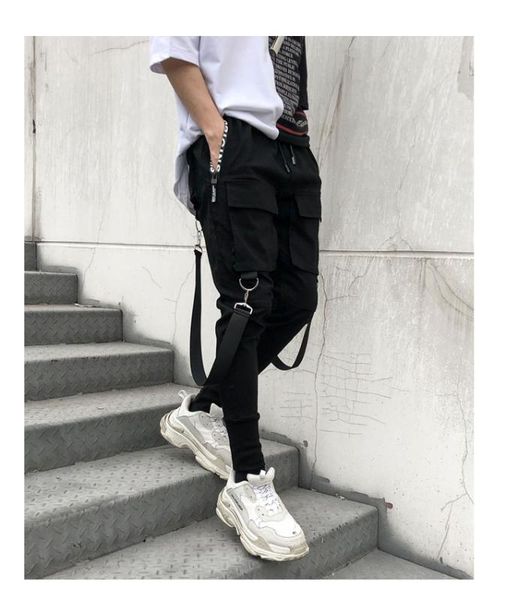 

2020 spring and autumn hip-hop jogger men's black harem pants multi-pocket ribbon men's sports pants streetwear casual pan
