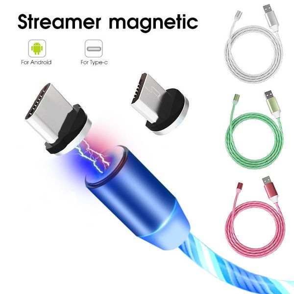 

magnetic streamer led charger cable 1m 3ft flowing light micro usb type c lighting cord for samsung huawei