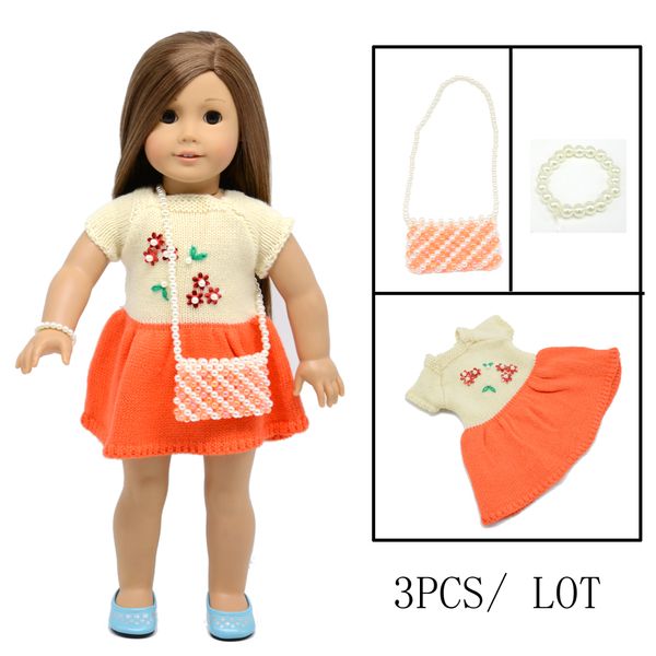 

18 inch american girl doll clothes orange sweater dress with pearl bracelet and bag for child party gift toys--doll clothes accessories