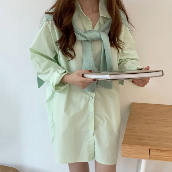 

chic spring and autumn simple pure color loose mid-length shirt blouse + knitted shawl sweater two piece set female, White