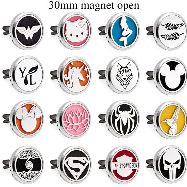 

30mm y/l humming bird spider skull lotus super man silver magnetic car diffuser perfume essential oil locket with 10 pcs pads