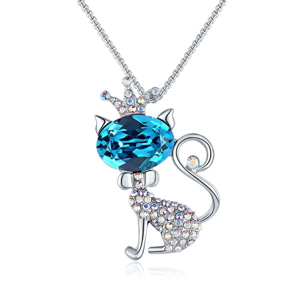

заявление ожерелье для женщин корона кот детски ожерелье розовый кристалл кулон животное ключицы цепи симпл ретро короткий кулон ожерелье, Silver