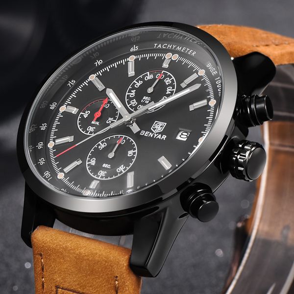 Benyar Top Brand Brand Luxury Sport Mens Orologi cronografo Cronografo Pelle Quartz Watches Guarda Uomo Relogio Masculino Erkek Saati di-5102