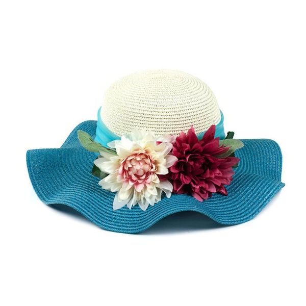 

women summer straw weave sun visor beach hat color block large artificial flowers chiffon ribbon bucket cap large wavy wide brim, Blue;gray