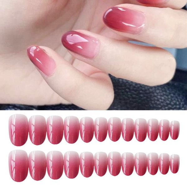 

24pcs gradient false nails full cover artificial red pink fake nails press on nail tips short nail art tips, Red;gold