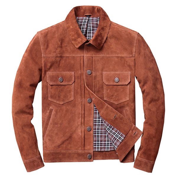 

vintage genuine leather jacket men real cow suede motorcycle biker pilot baseball casual male winter warm brown leather jacket, Black