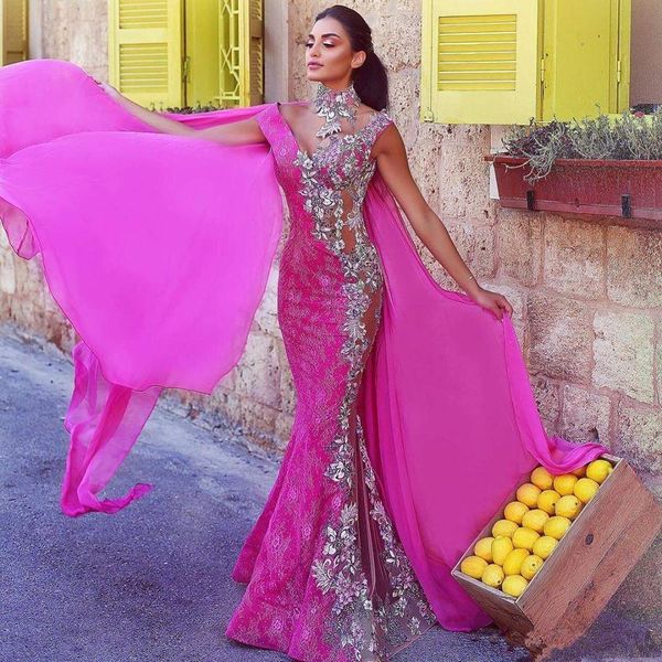 

tony chaaya 2020 mermaid prom dresses with chiffon wrap lace appliques beaded formal evening gowns party wear robes de soiree, Black;red