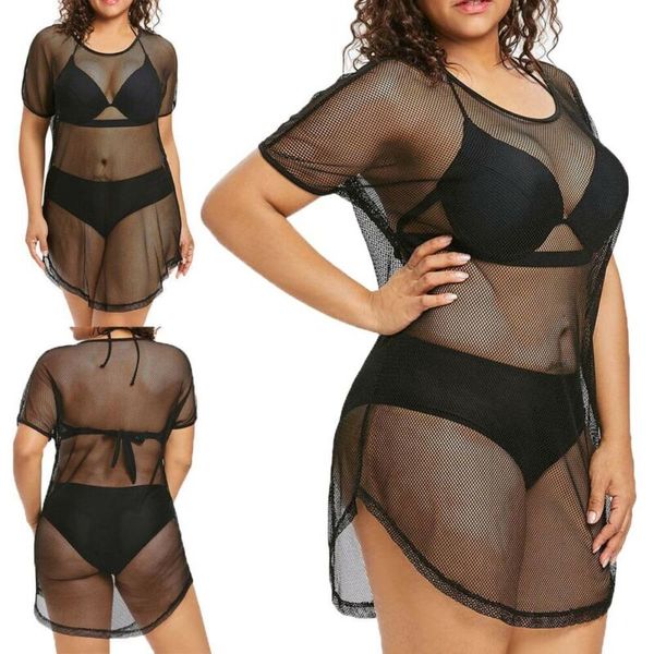 

chic summer womens black see-through short batwing sleeve mesh dress sheer maxi tulle lace beachwear curved hem dresses, Black;gray