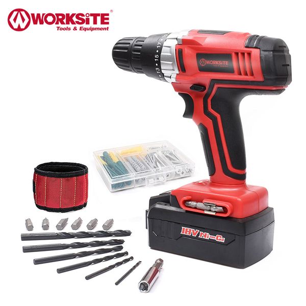 

18v rechargeable electric screwdriver cordless drill worksite ni-cd battery drilling machine woodworking power tools with gift