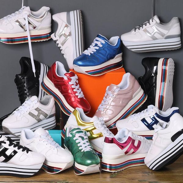 

classic fashion extended rainbow sole platforms lace up causal women shoes beautiful h sneakers for women genuine leather, Black