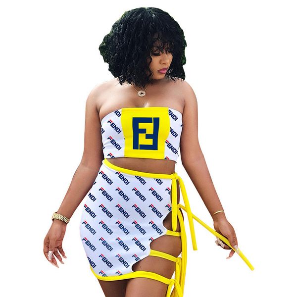 

fen women two piece dress summer strapless skirts 2pcs clothing set bandgae suits, White