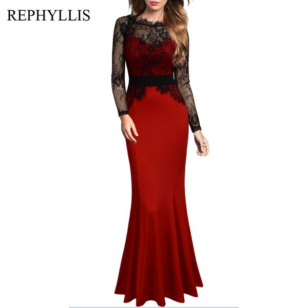 

rephyllis women vintage lace round neck long sleeve elegant wedding evening party prom celebration formal mermaid long dress, Black;gray