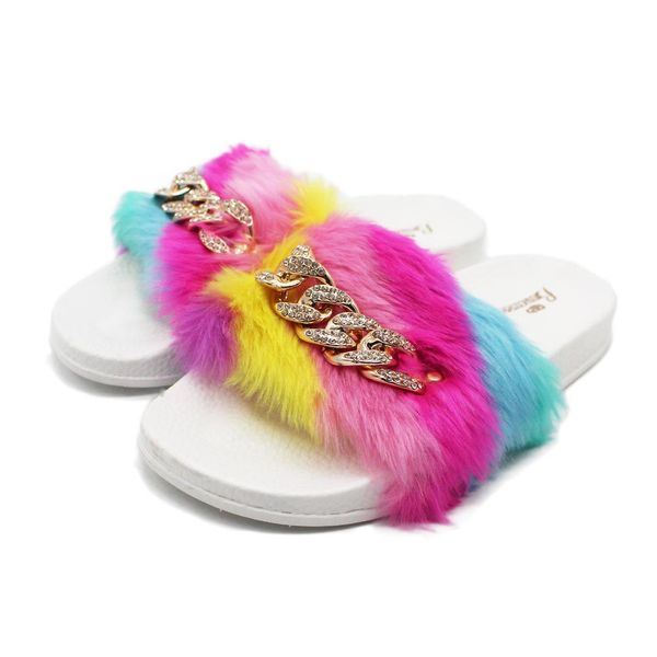 

2019 new women rubber slippers rhinestone chain fur slippers shoes rainbow flat fur fluffy sliders shoes woman, Black