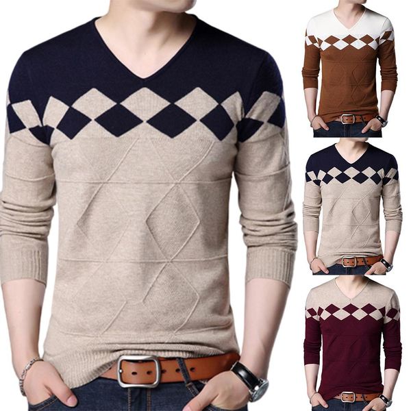 

chic men v neck long sleeve color block pullover knitwear elastic slim sweater, White;black