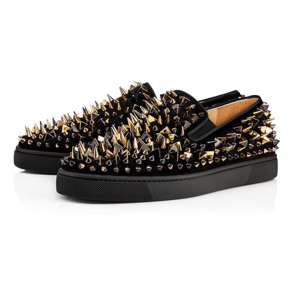 

luxury casual red bottom sole ace glitter rivet studded spikes bead velvet leather business party men women brand design flats loafers cs01, Black
