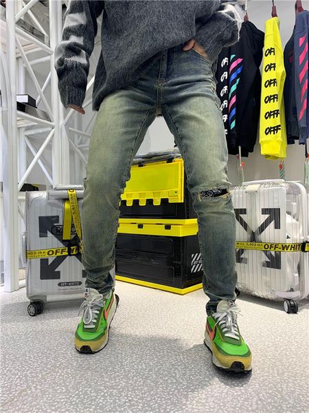 

2019 mens badge rips stretch black jeans fashion designer slim fit washed motocycle denim pants panelled hip hop trousers2, Blue