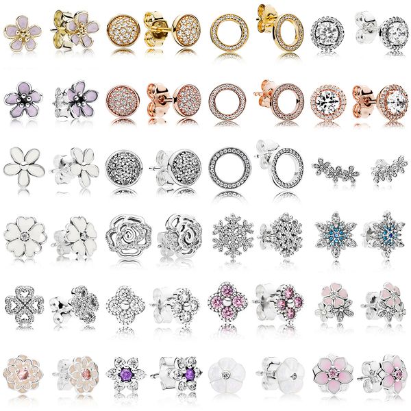 

2019 new 100% 925 sterling silver pandora earrings flower type hollow ear studs charm beads fit original diy dangler wholesale factory, Golden;silver