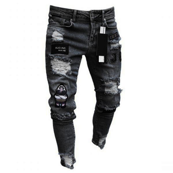 

2019 men for jeans ripped skinny slim straight frayed denim trousers new fashion sticker skinny biker jeans plus size, Blue