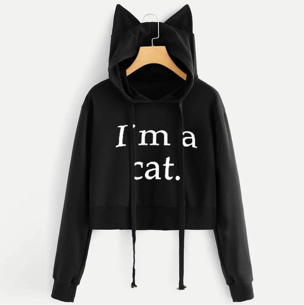 

womens sweatshirt short hoodies cat print cat ear cap kawaii long sleeve hooded pullover harajuku blouse sudadera mujer new, Black