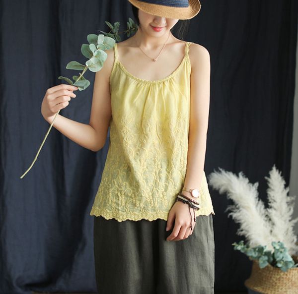 

summer embroidery camis women loose solid color adustable vest sleeveless shirt femme literary sling tank loose 2019, White