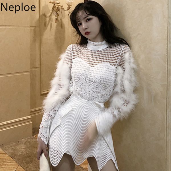 

neploe hollow out autumn spring 2020 new blouse turtleneck lace long sleeve blusas solid feather shirt fashion 47684, White