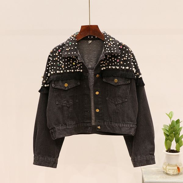 

korean autumn new beading tassel black denim jacket coat women casual loose short jeans jackets outerwear female chaqueta mujer, Black;brown