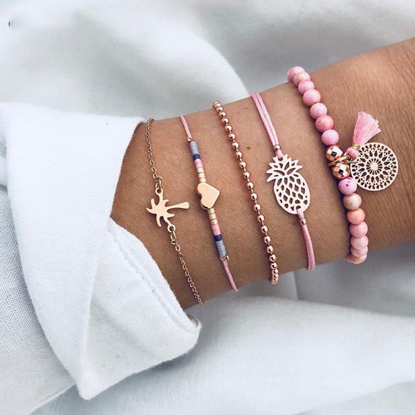

tocona 5pcs/set pink beaded pineapple tree bracelet bangles set for women heart multilayer bracelet set 6669, Black