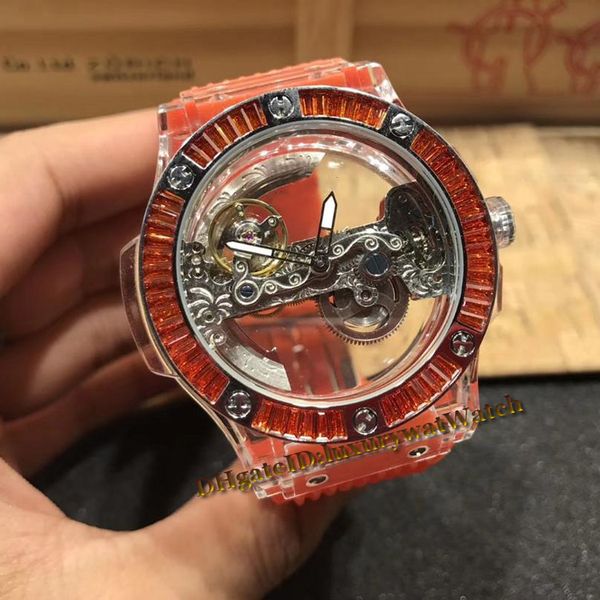 

New big orange diamond tran parent cry tal ca e keleton double ided per pective dial automatic mechanical men watch rubber trap watche