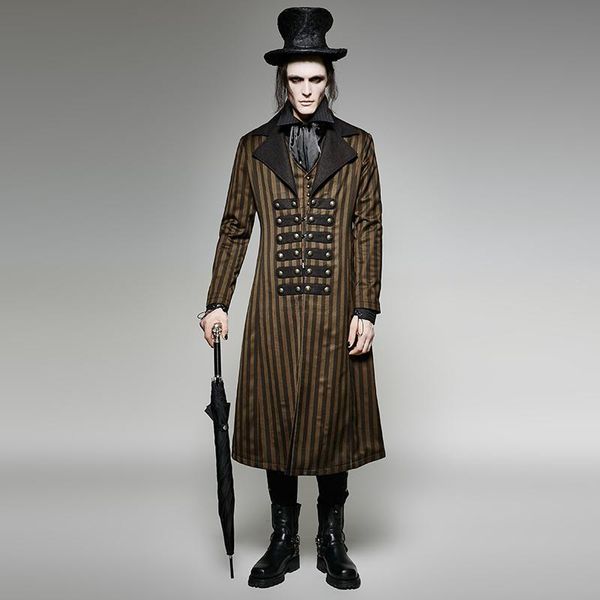 

punk rave men's steampunk classical stripes overcoat y-717, Tan;black