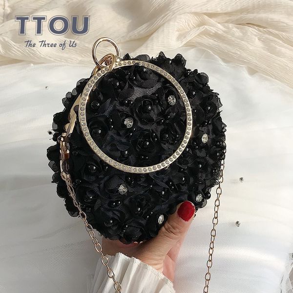 

ttou fashion lace flower women shoulder bag mini round chain female messenger bags wedding purse elegant ladies' evening bag