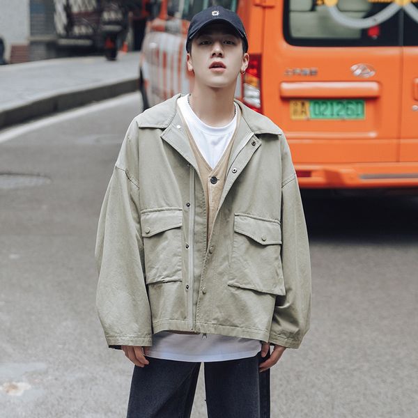 

autumn new tooling jacket men fashion solid color casual cotton large pocket jacket street wild hip hop loose bomber, Black;brown
