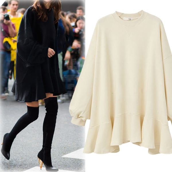 

lanmrem 2020 spring winter new fashion casual women short dress solid color wild loose plus ruffled dress tc109, Black;pink