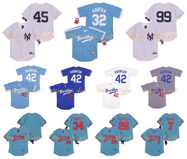 

brooklyn 42 джеки робинсон джерси 99 аарон судья 26 макс kepler кирби puckett 34 фернандо валенсуэла 45 геррит коул gleyber torres бейсбол, Blue;black
