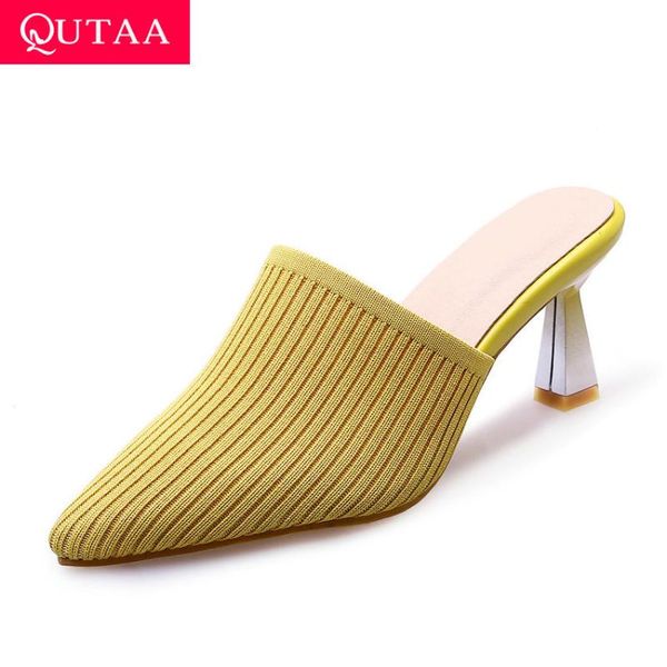 

qutaa 2020 knitting pointed toe slingback slip on women shoes fashion hoof high heel summer ladies sandals big size 34-43, Black