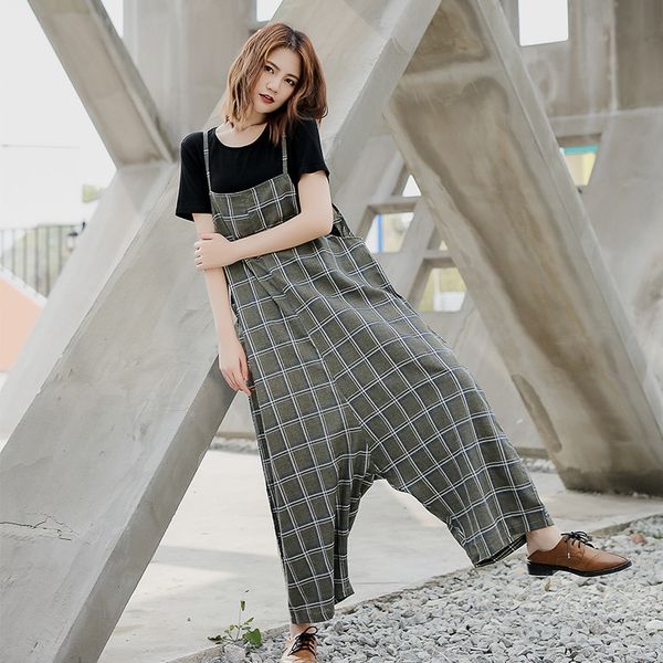 

spring summer jumpsuits women loose large size rompers fashion casual plaid pocket blended ladies jumpsuits 2019 new overalls, Black;white