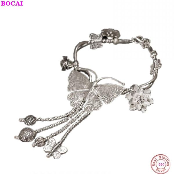 

handmade s990 sterling silver women's bracelet retro thai silver craft butterfly tassel pure bracelet for women 2020 new, Black