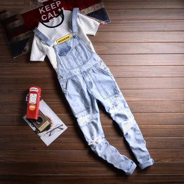 

new men's light blue slim snow washed denim bib overalls casual hole ripped suspenders jumpsuits cargo torn jeans