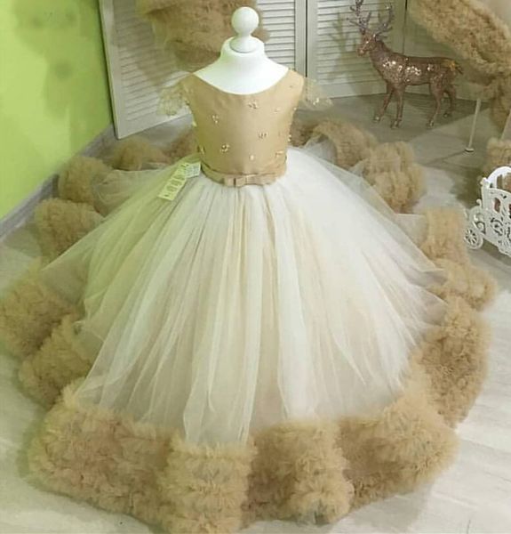Champagnerfarbene und weiße Baby-Geburtstagsparty-Kleider mit Rüschen für Kinder, Schönheitswettbewerb, Blumenmädchen-Kleider, Primera Comunion
