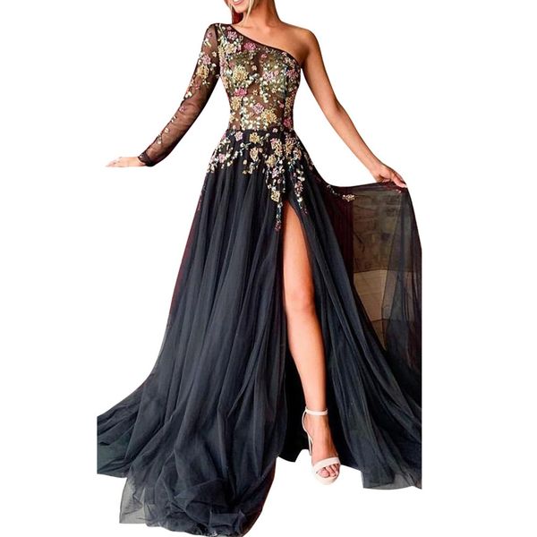 

wipalo women maxi dress unilateral sleeve dew shoulder embroidery large wrap hem side slit elegant party dress vestidos, Black;pink