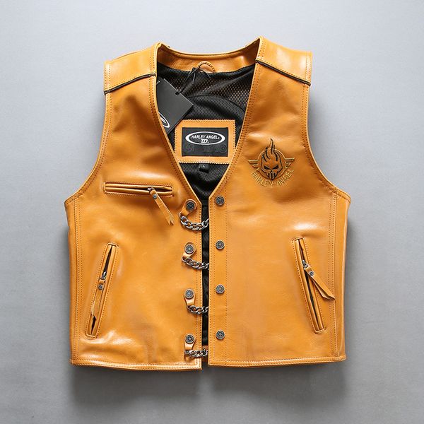 

men's vests angle 2021 genuine leather motorcycle vest yellow back 3d skull punk thick cowhide bomber sleeveless jacket, Black;white