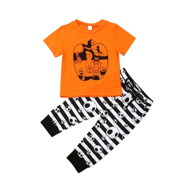 

uk newborn baby boy girl halloween pumpkin t-shirt stripe pants clothes sets, White